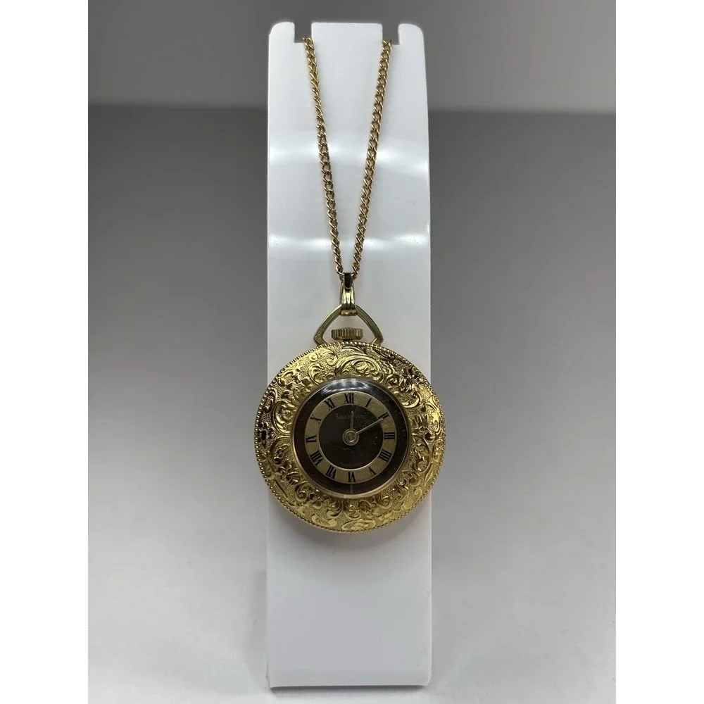 Vtg‎ Lucerne Swiss Mechanical Pocket Watch Pendant Engraved Gold Color Plate Red